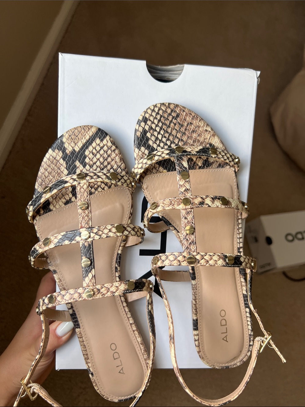 ALDO Beige and Black Snake-Print Strappy Sandals
